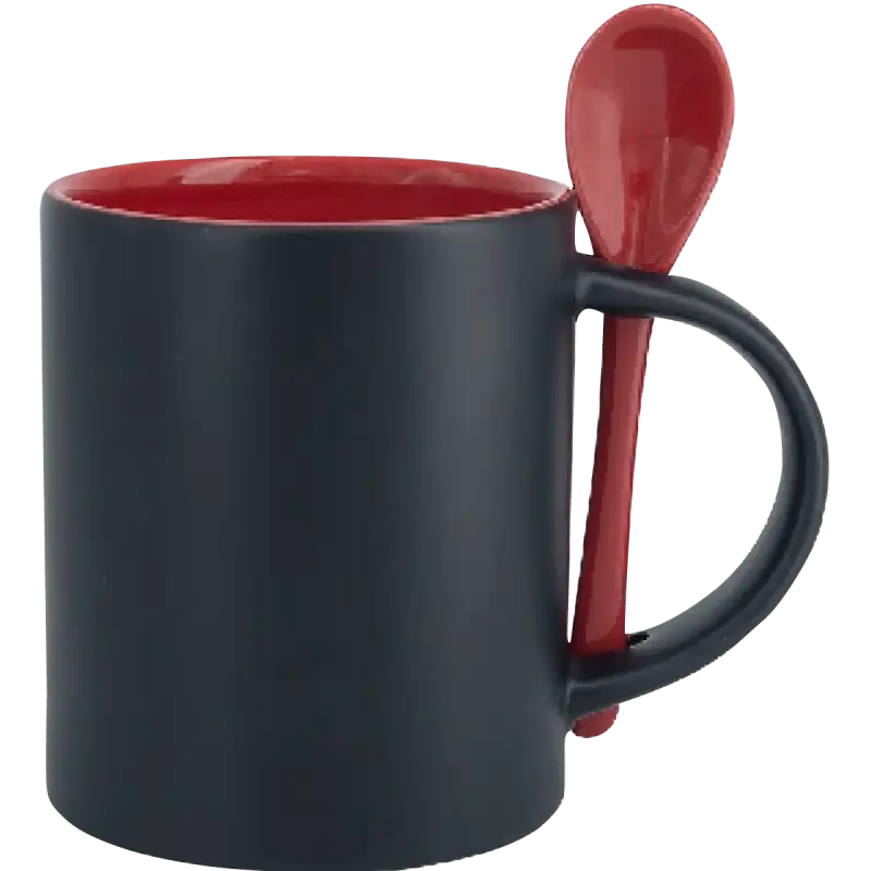 Taza de cerámica 11oz Mágica Color Negro Interior y cuchara de colores (Caja de 12)