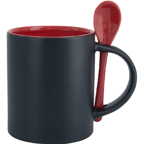 Taza de cerámica 11oz Mágica Color Negro Interior y cuchara de colores (Caja de 6)
