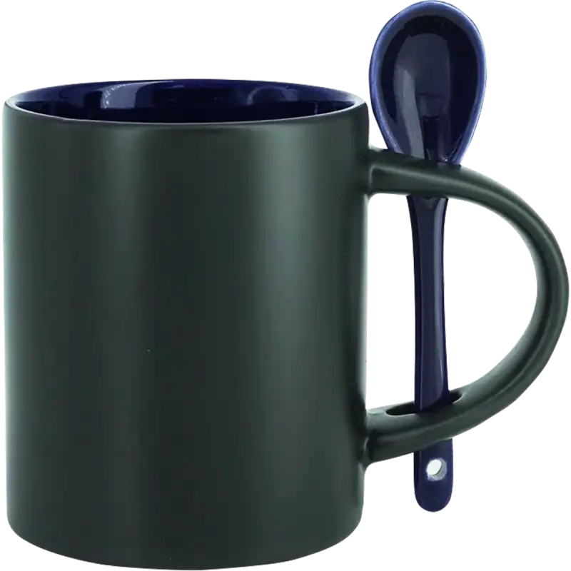 Taza de cerámica 11oz Mágica Color Negro Interior y cuchara de colores (Caja de 12)