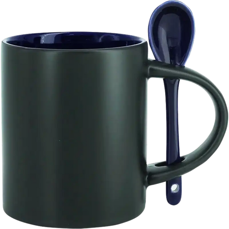 Taza de cerámica 11oz Mágica Color Negro Interior y cuchara de colores (Caja de 6)