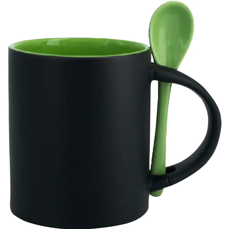 Taza de cerámica 11oz Mágica Color Negro Interior y cuchara de colores (Caja de 12)
