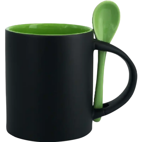 Taza de cerámica 11oz Mágica Color Negro Interior y cuchara de colores (Caja de 6)