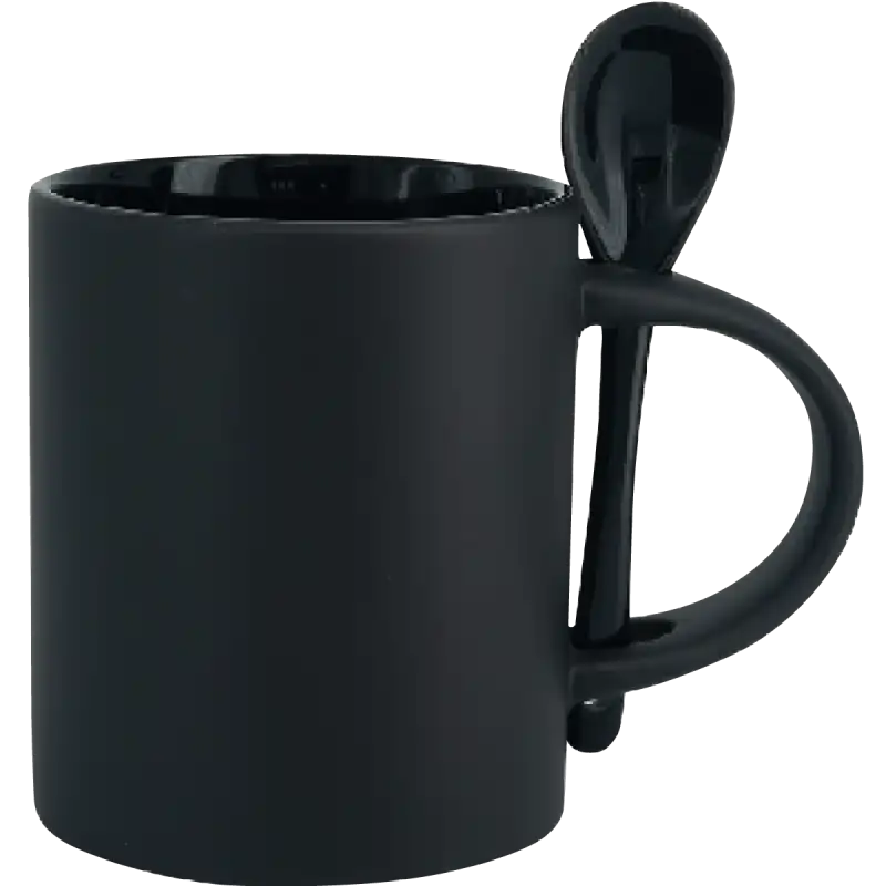 Taza de cerámica 11oz Mágica Color Negro Interior y cuchara de colores (Caja de 12)