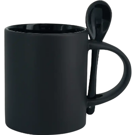 Taza de cerámica 11oz Mágica Color Negro Interior y cuchara de colores (Caja de 6)