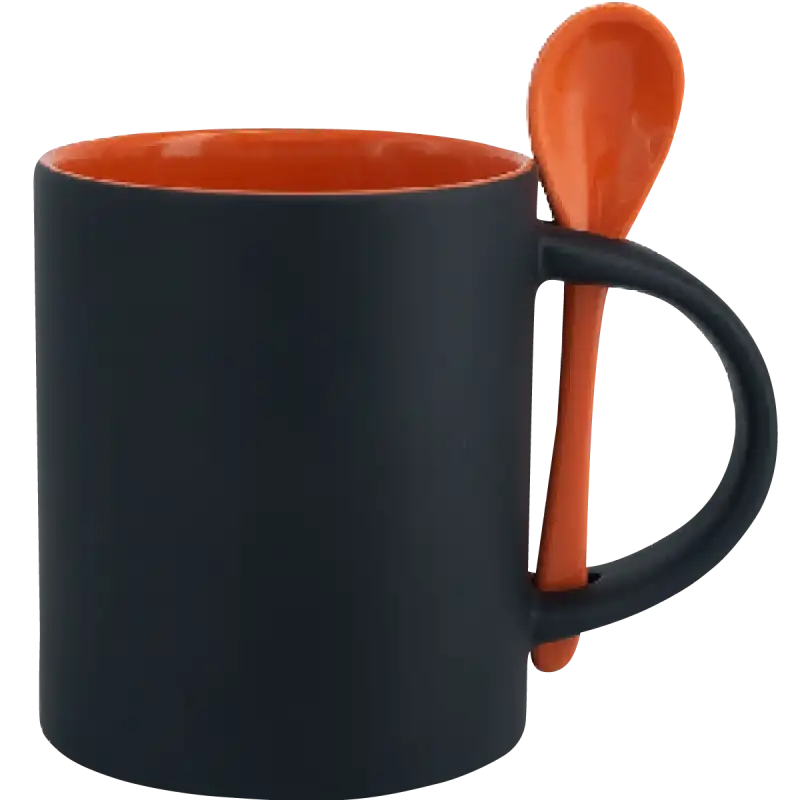 Taza de cerámica 11oz Mágica Color Negro Interior y cuchara de colores (Caja de 12)