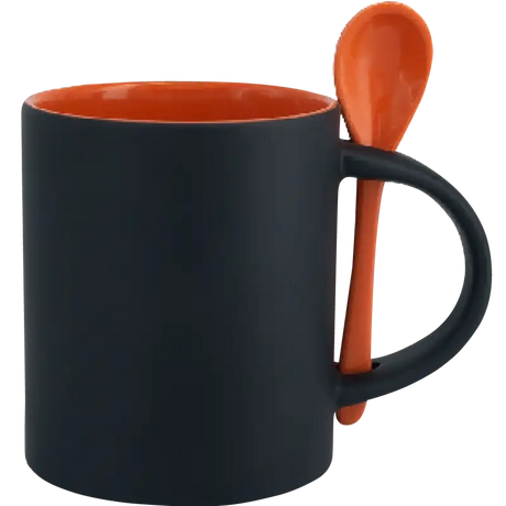 Taza de cerámica 11oz Mágica Color Negro Interior y cuchara de colores (Caja de 6)