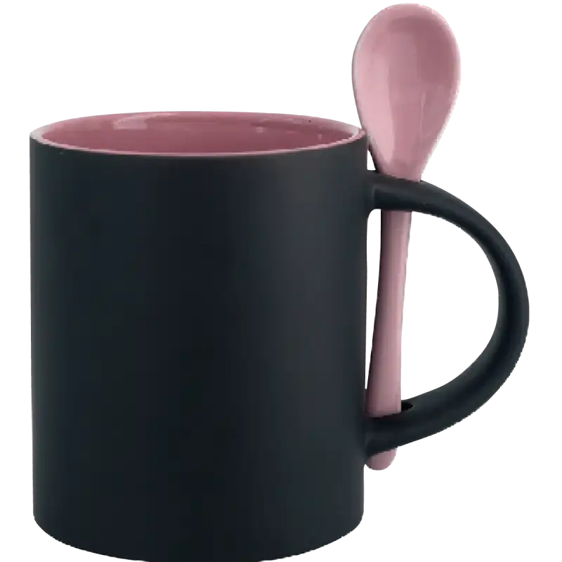 Taza de cerámica 11oz Mágica Color Negro Interior y cuchara de colores (Caja de 12)