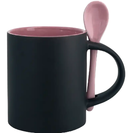 Taza de cerámica 11oz Mágica Color Negro Interior y cuchara de colores (Caja de 6)