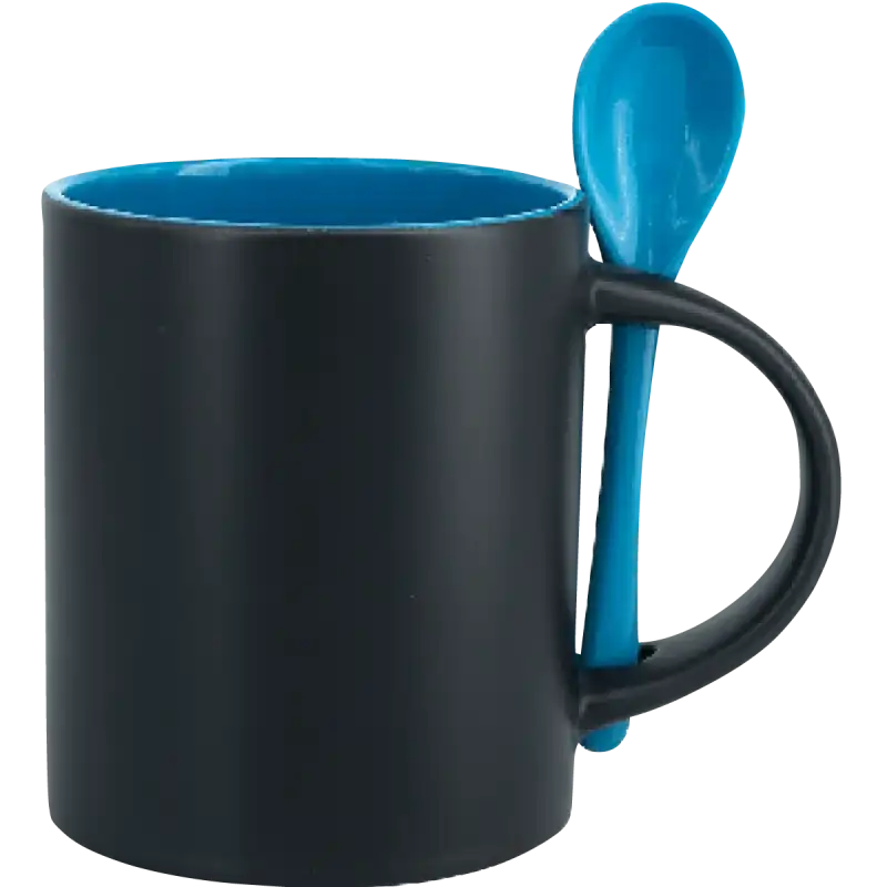 Taza de cerámica 11oz Mágica Color Negro Interior y cuchara de colores (Caja de 12)