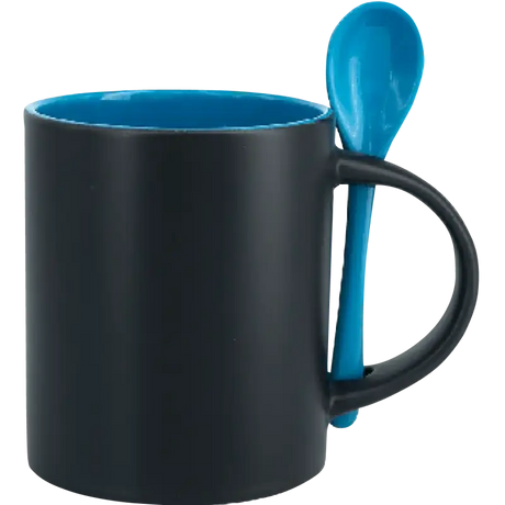 Taza de cerámica 11oz Mágica Color Negro Interior y cuchara de colores (Caja de 6)