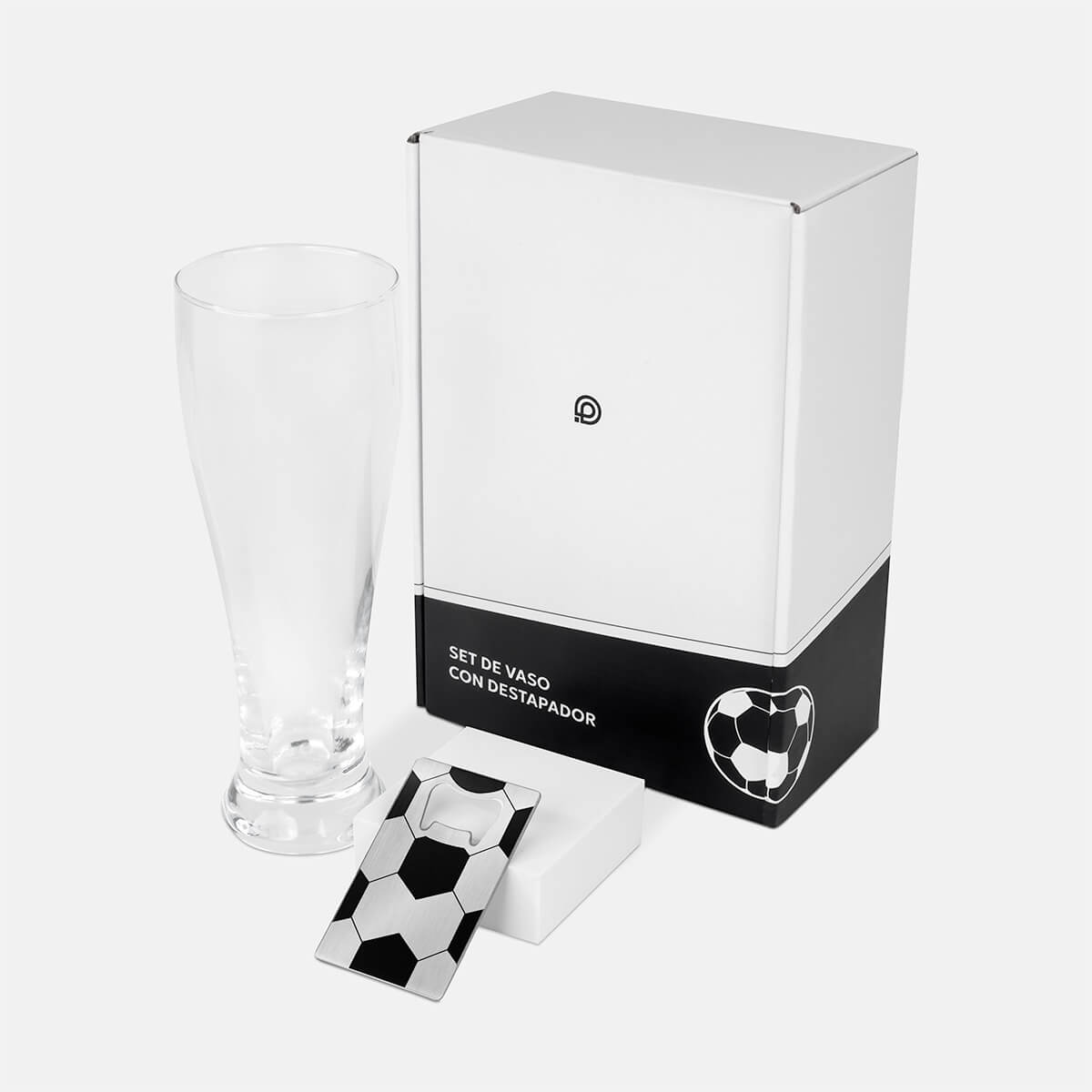 SET DE VASO Y DESTAPADOR SOCCER - BLANCO CON NEGRO
