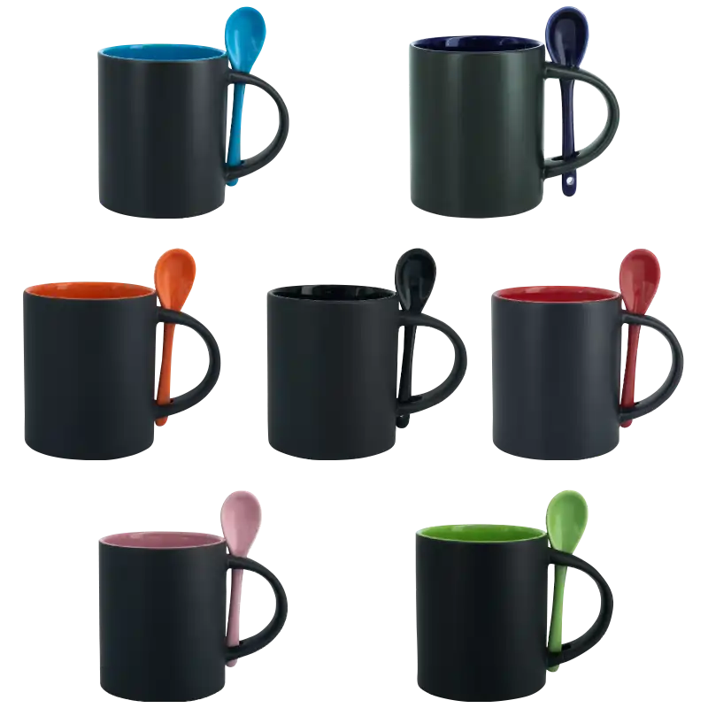 Taza de cerámica 11oz Mágica Color Negro Interior y cuchara de colores (Caja de 12)