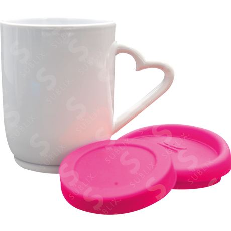 Taza de cerámica 11oz. Asa de corazón con tapa de silicón color rosa ColorMake