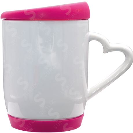 Taza de cerámica 11oz. Asa de corazón con tapa de silicón color rosa ColorMake