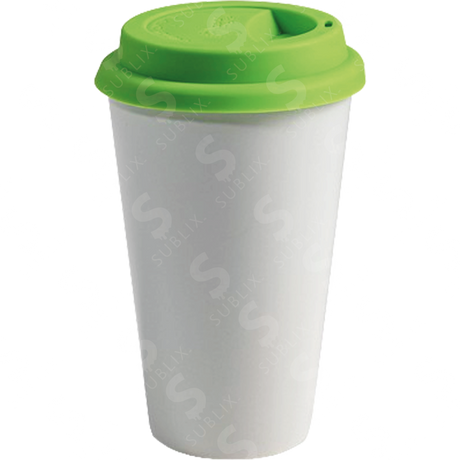 Vaso Tumbler de cerámica 15oz. Cónico con tapa de silicón color verde