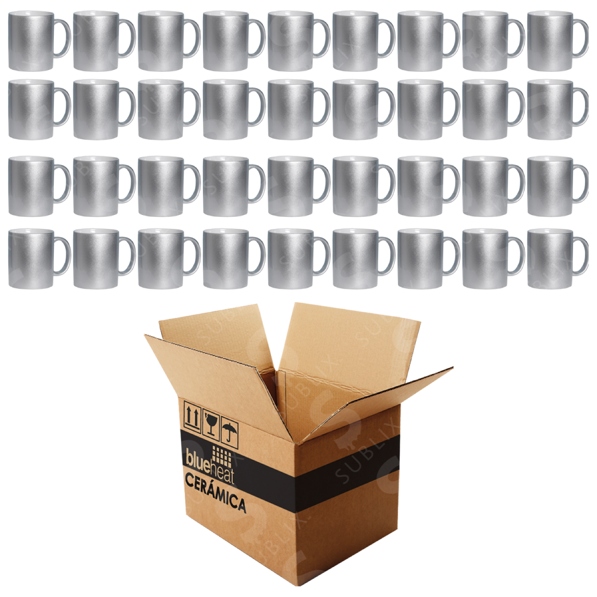 Taza de cerámica dorada y plateada. Reforzada (Caja de 36 pzas) Blue Heat
