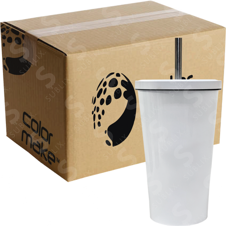 Vaso de acero tipo Tumbler de 550ml Cónico tapa y popote Color Blanco (Caja de 12) Color Make