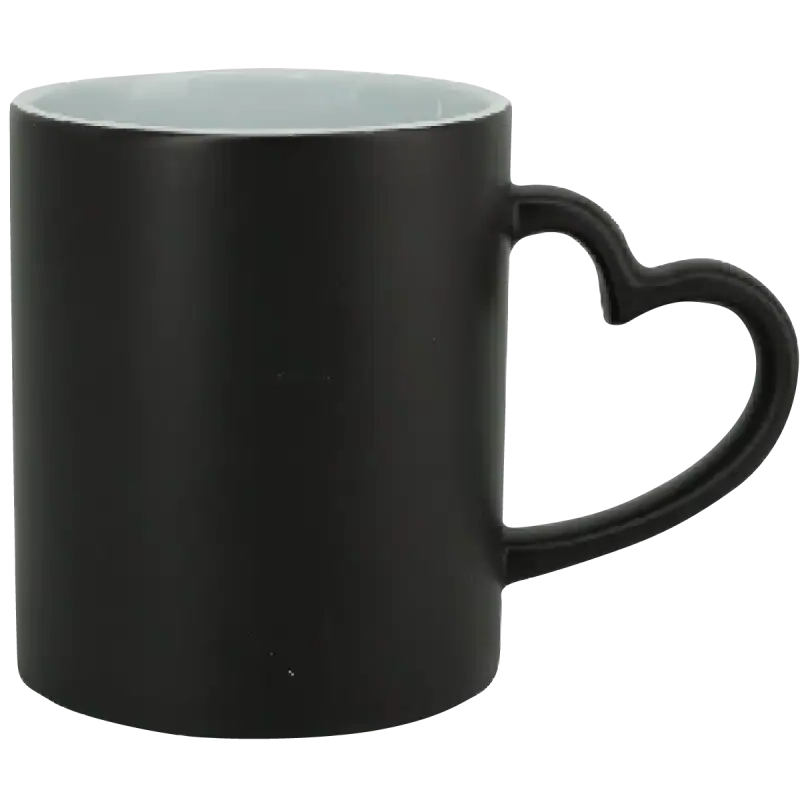 Taza de cerámica 11oz. Mágica color negro con asa de corazón (Caja de 6)