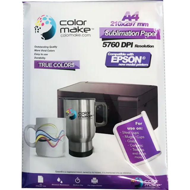 Papel de sublimación A4. 100gr. True Colors ColorMake | Caja de 10 paquetes | SKU CFSPQNA0100A4NTC | Color Make