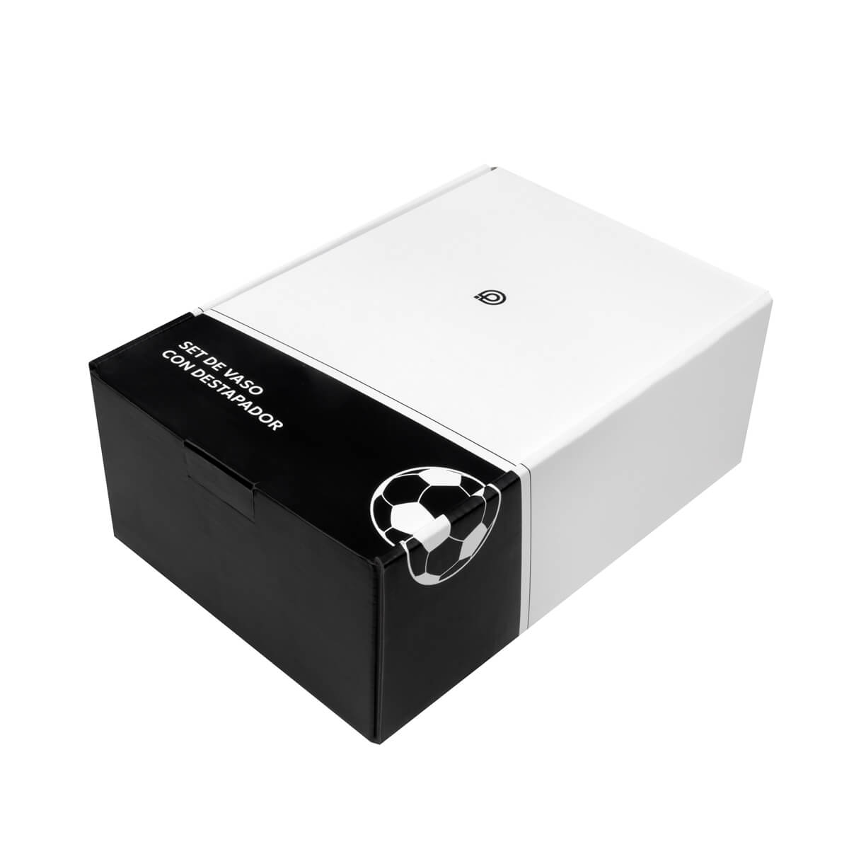 SET DE VASO Y DESTAPADOR SOCCER - BLANCO CON NEGRO