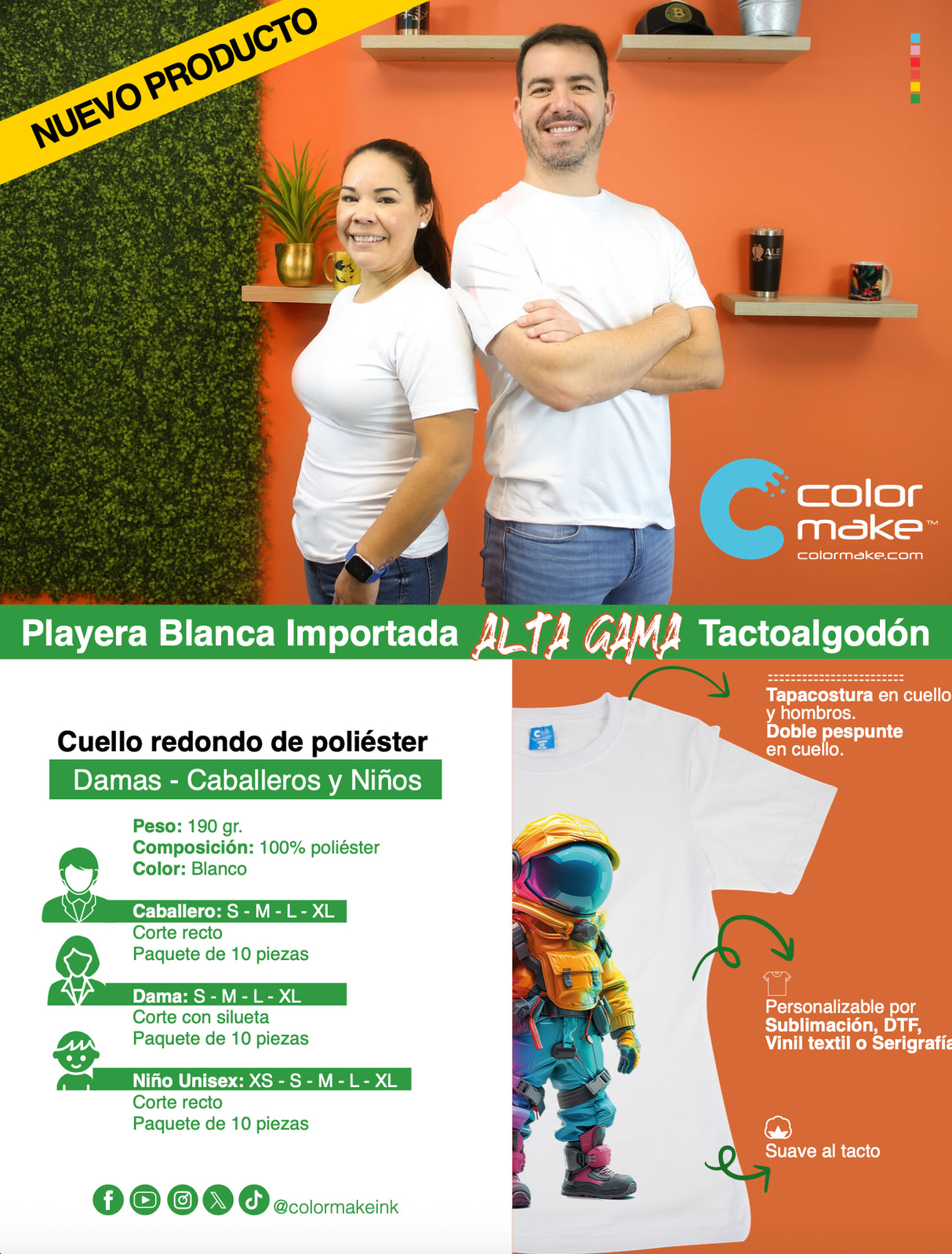 Playera Blanca Alta gama Tactoalgodón Color Make