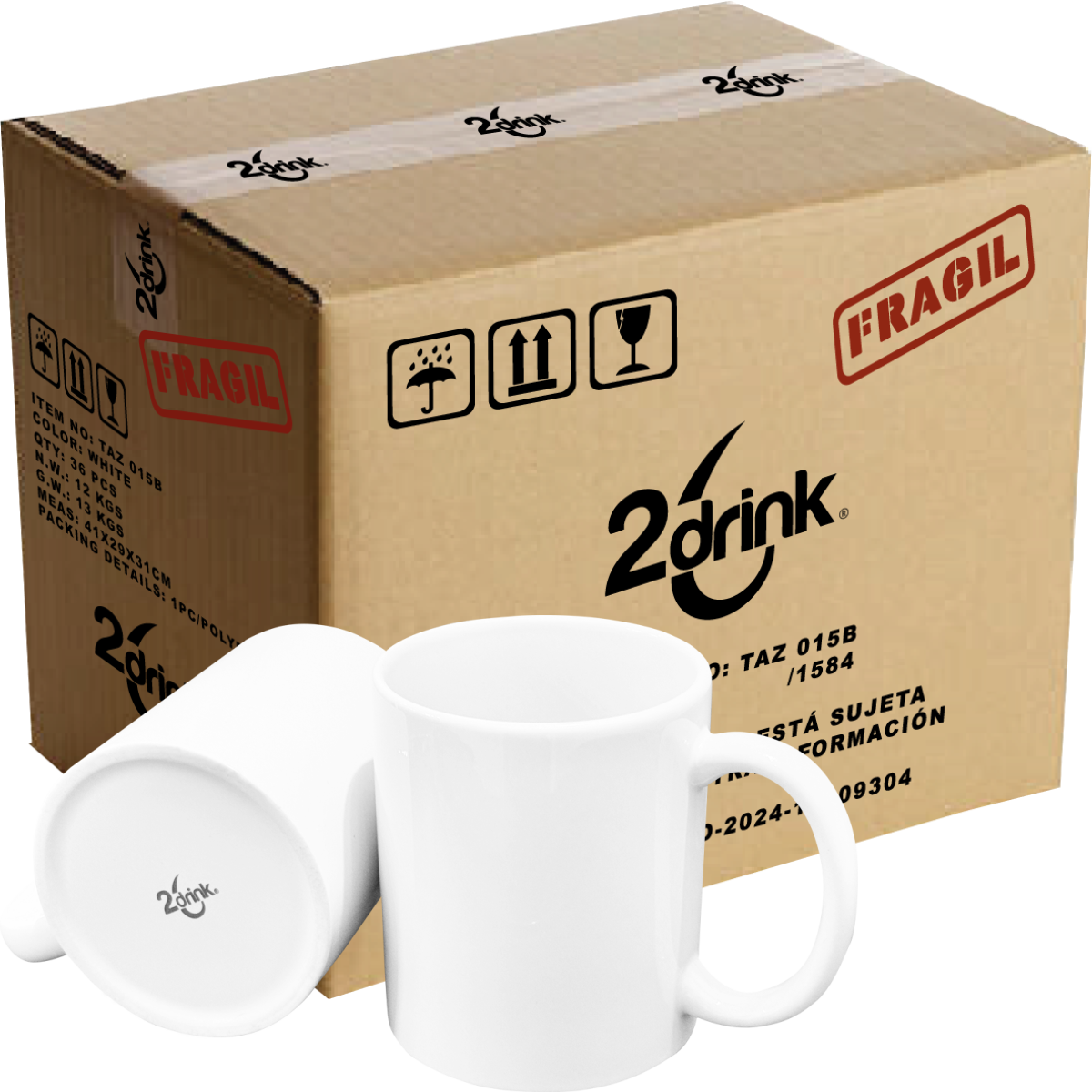 Taza de cerámica 11oz FRISIA Blanca Premium AAA 2drink (Caja de 36 piezas)